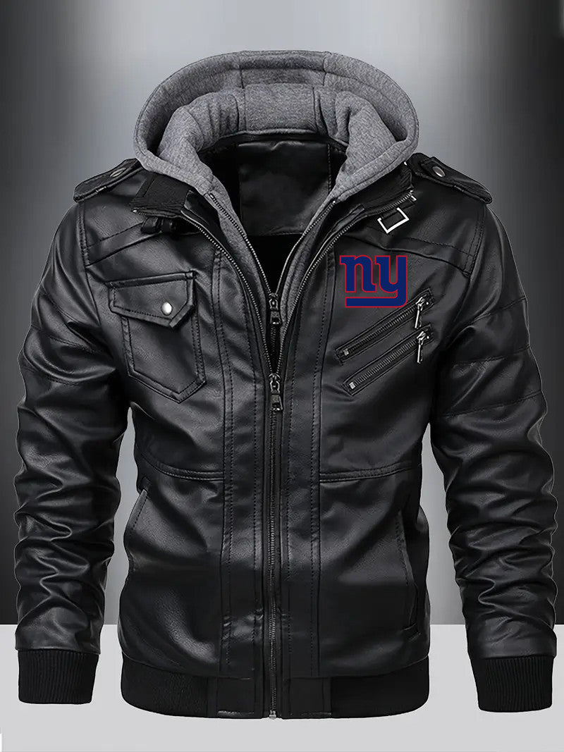 New York Giants Premium & Ultra-Thick Leather Jacket with Fleece Hood with Fleece Hood HVKC952 - Premium & Ultra-Thick Leather Jacket with Fleece Hood