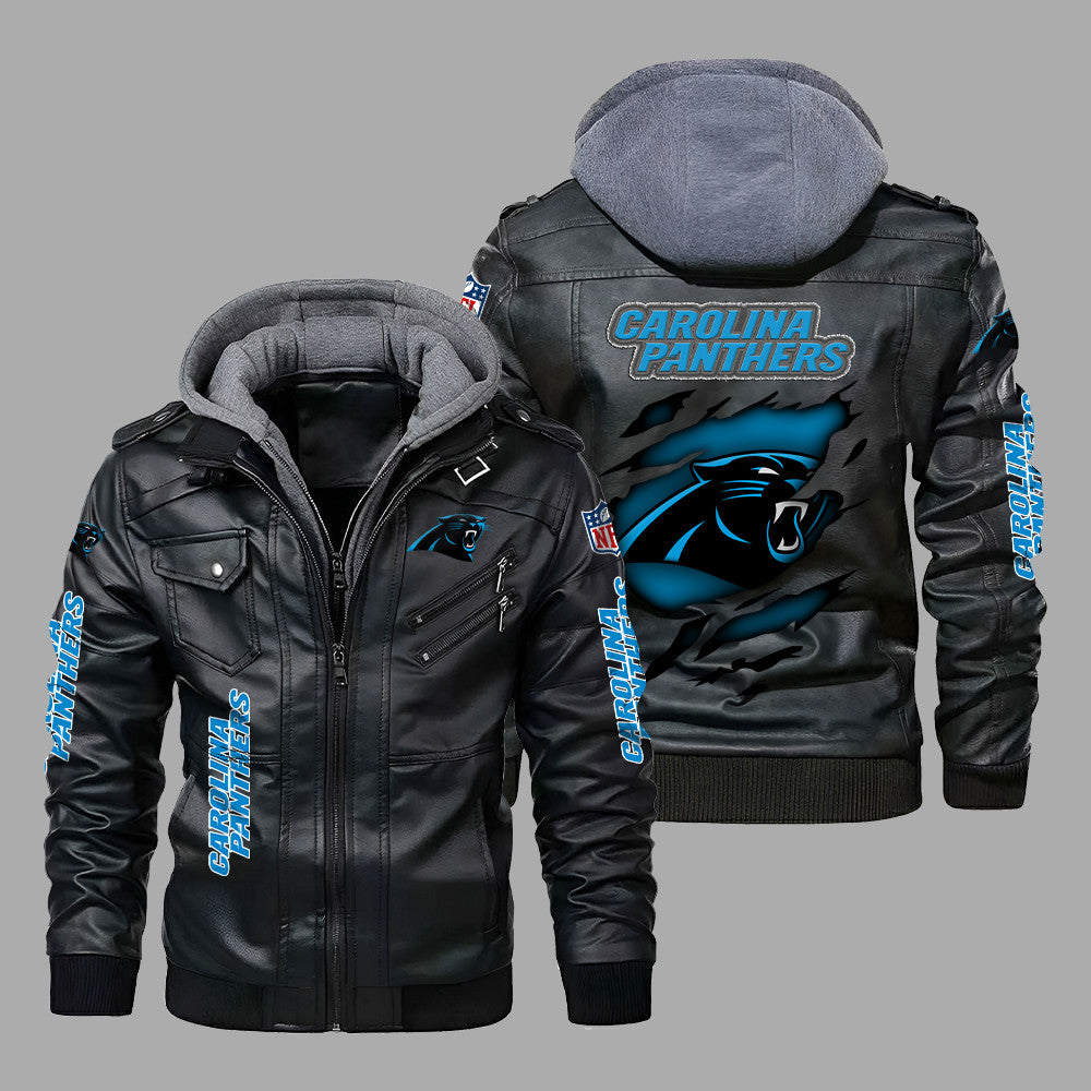 Premium & Ultra-Thick Leather Jacket with Fleece Hood - Carolina Panthers PHVK8392
