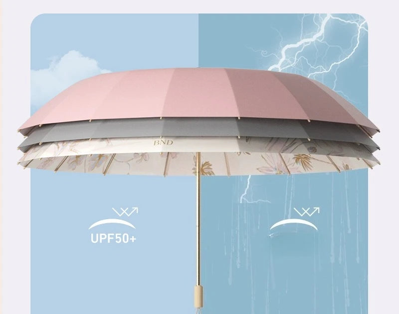 16 Ribs Folding Umbrella Sun Rain Dual Use UV Protection Sun Umbrella Large Windproof Thickened Parasol for Women Man