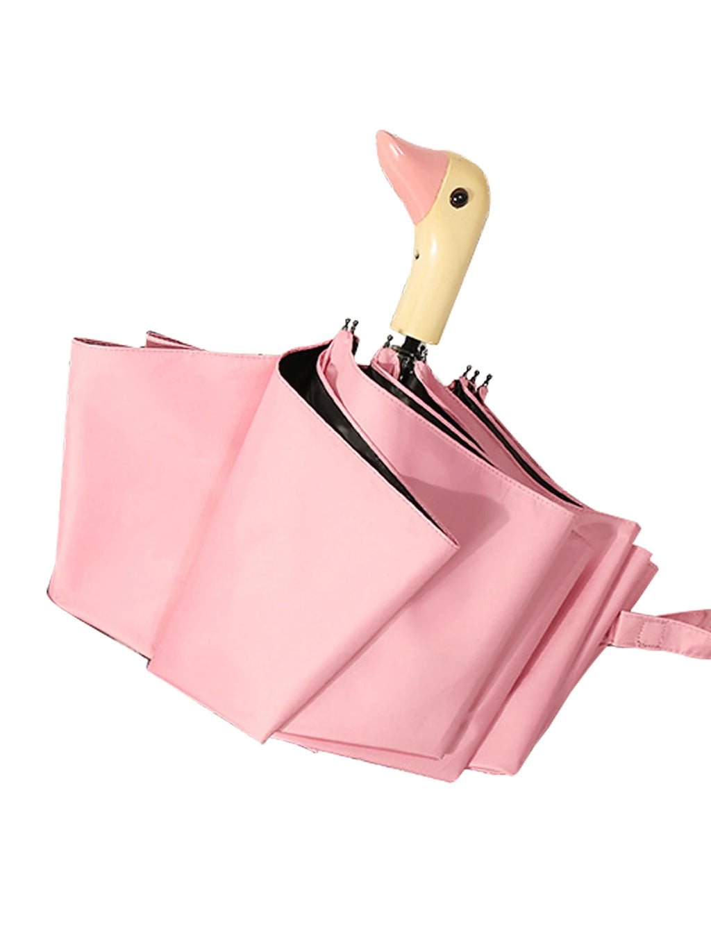 Cute Duck Wooden Handle Folding Umbrella Automatic Anti-UV Windproof Black Coated Portable Sun Parasol for Ladies