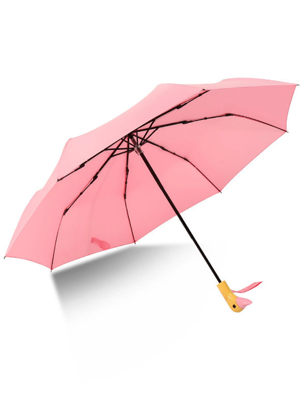 Cute Duck Wooden Handle Folding Umbrella Automatic Anti-UV Windproof Black Coated Portable Sun Parasol for Ladies