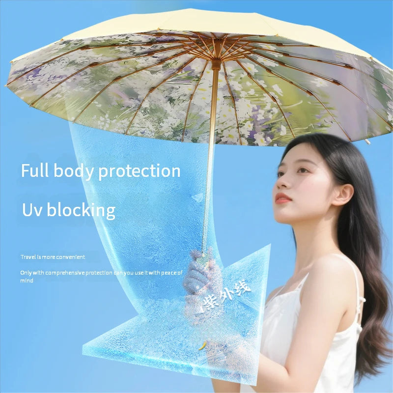 High-value 16-bone manual sun umbrella for women's sun protection ultraviolet rain dual-purpose umbrella color glue folding oil