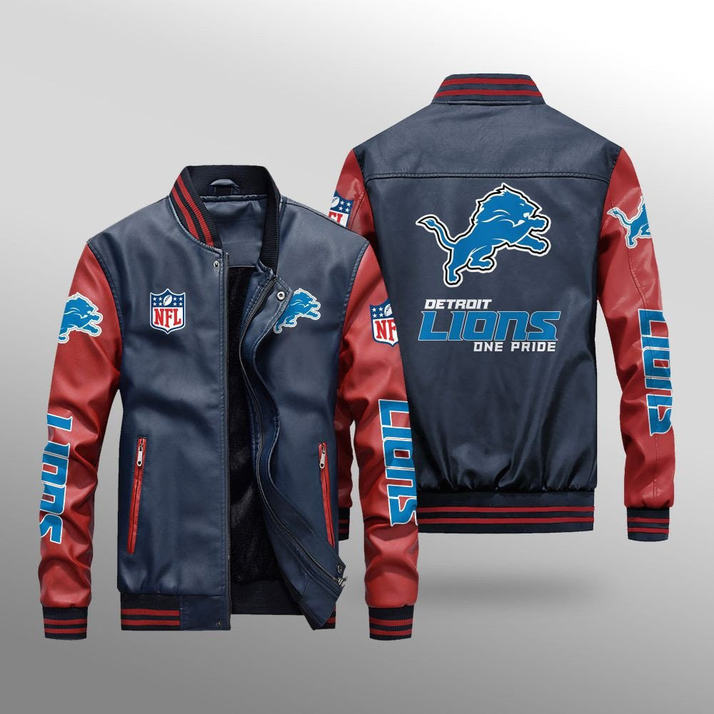 ONLY SALE Detroit Lions Premium Fleece-Lined Leather Bomber Jacket BG42 4xl