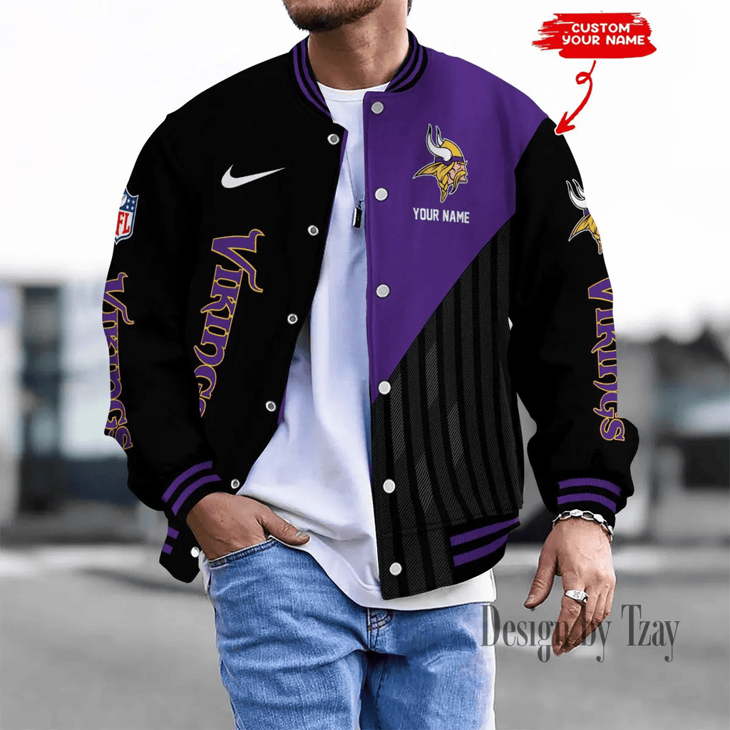 SPTBBJACKET117-Minnesota Vikings Personalized New Baseball Jacket Gifts For Fan