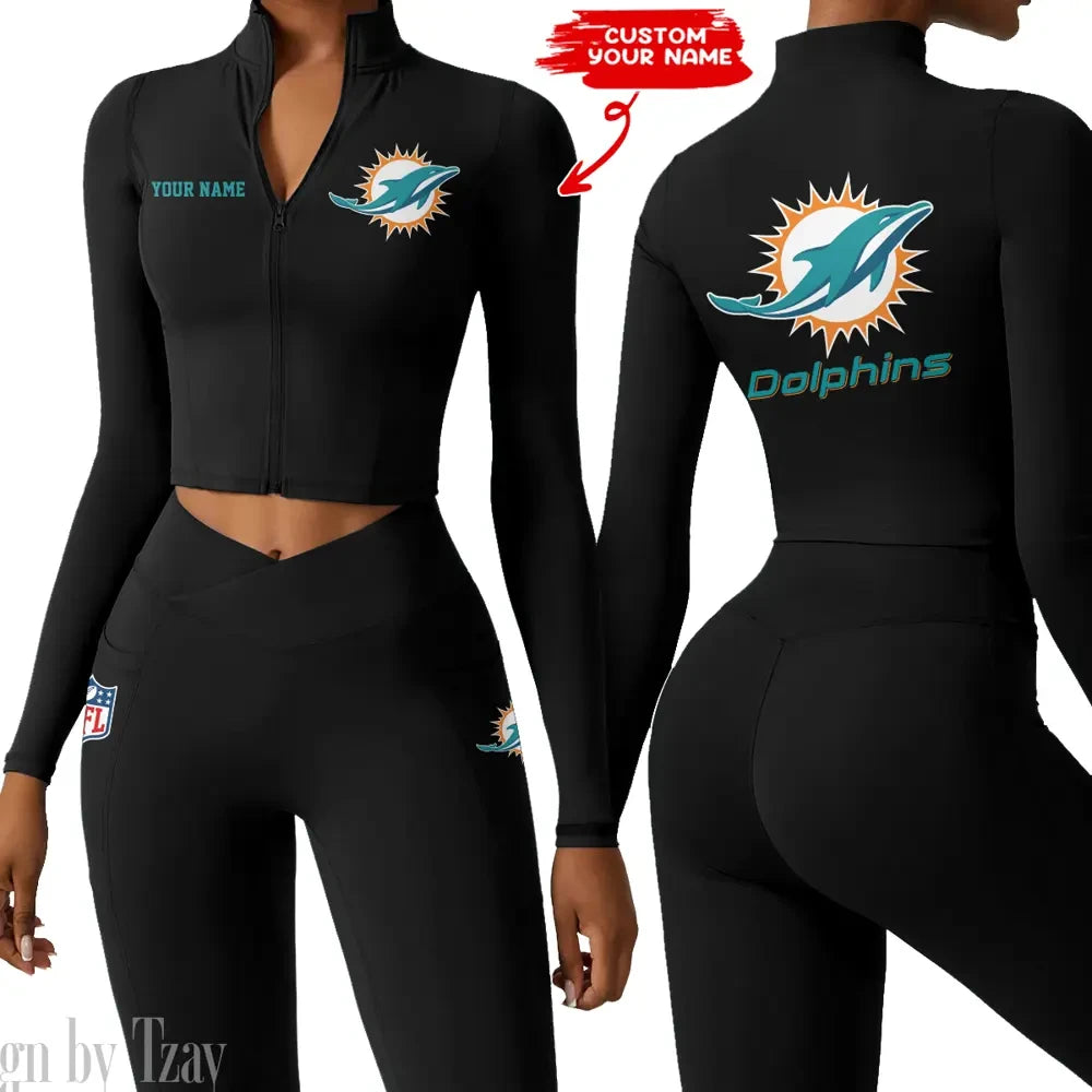 Miami Dolphins Zipper Sports Top Women Gym Long Sleeve for Fitness SPTZSTW084