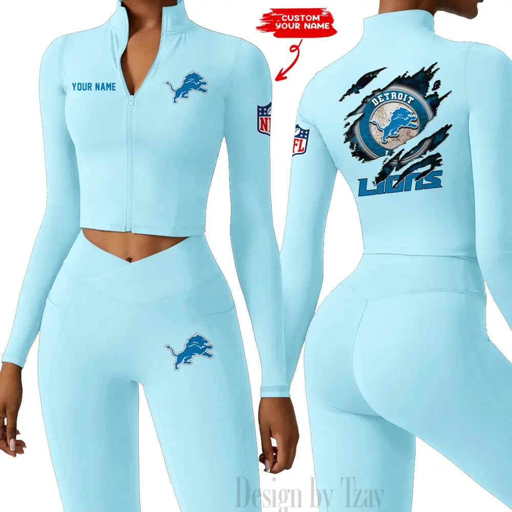 Detroit Lions Women Activewear Set 2 Piece Crop Jacket and High Waist Leggings SPTZSTW241