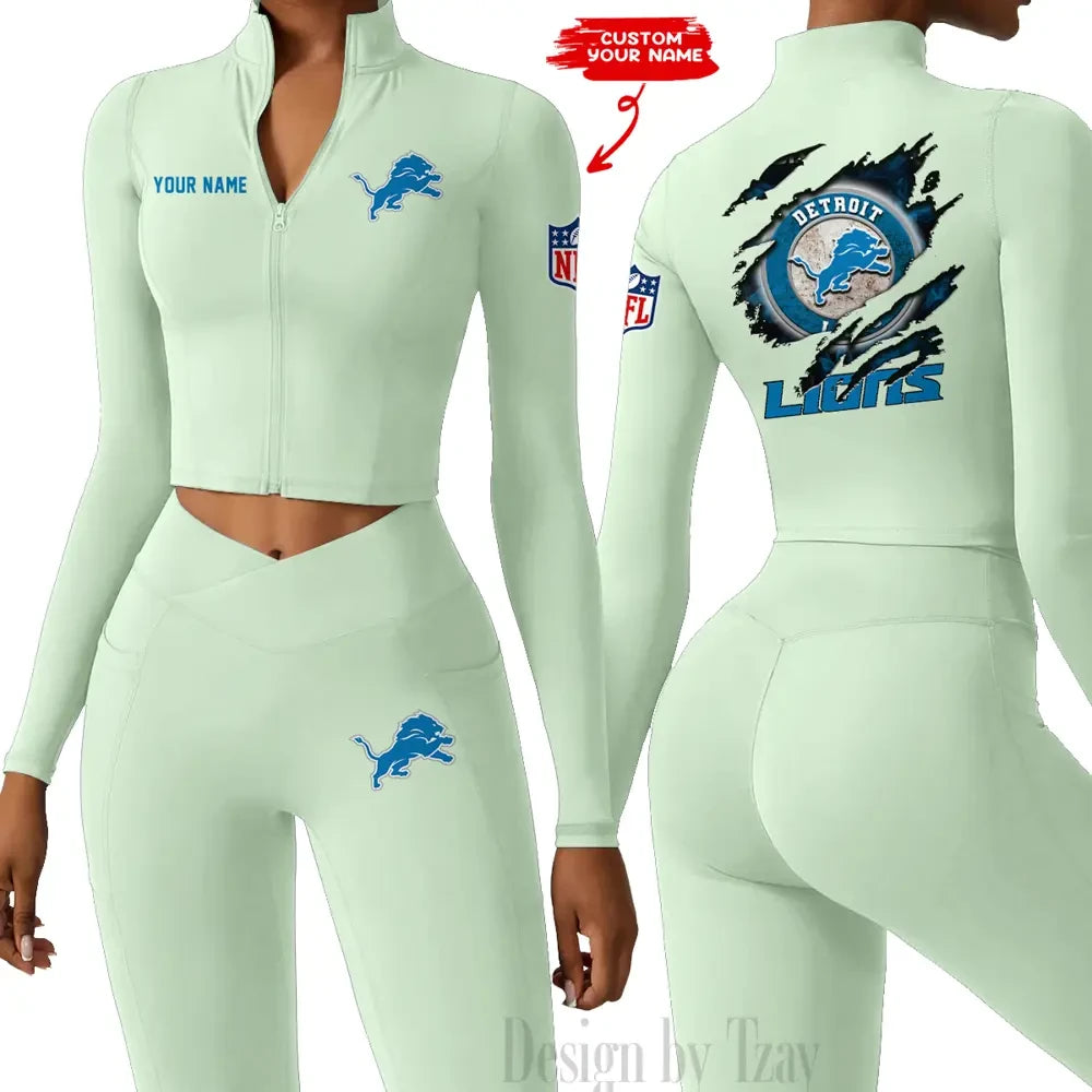 Detroit Lions Women Activewear Set 2 Piece Crop Jacket and High Waist Leggings SPTZSTW241