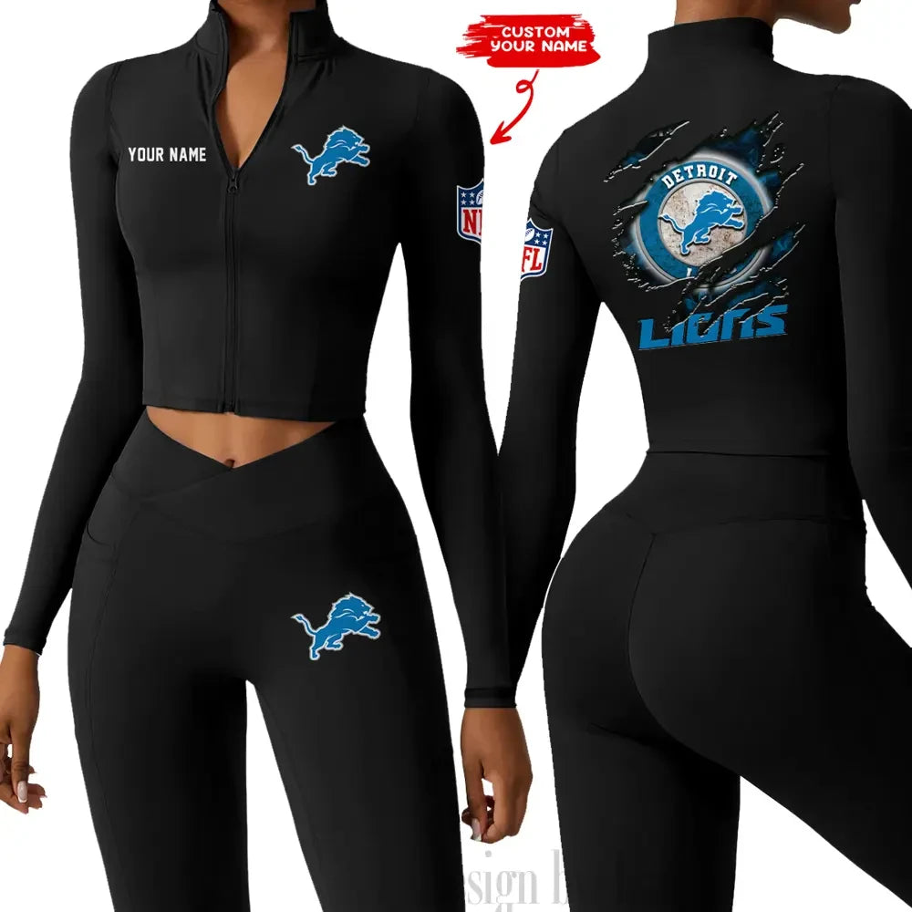 Detroit Lions Women Activewear Set 2 Piece Crop Jacket and High Waist Leggings SPTZSTW241