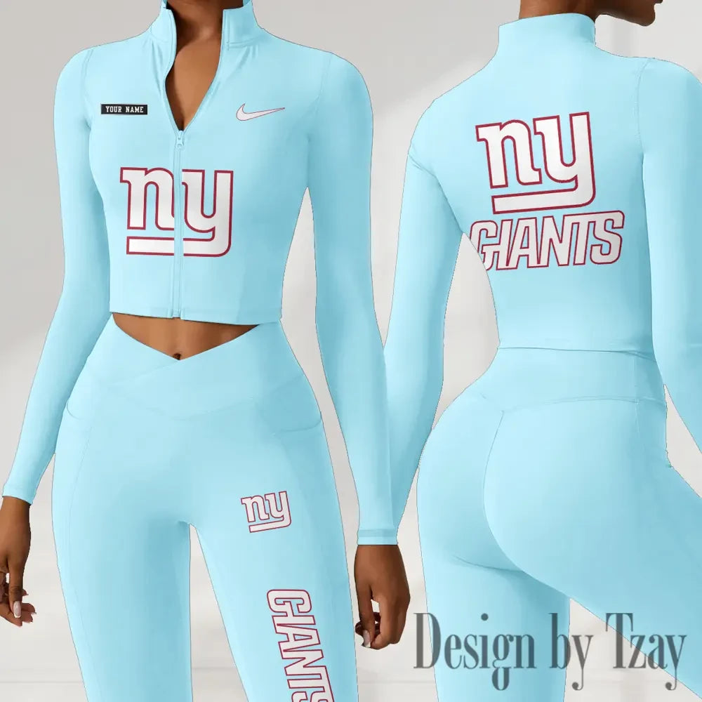 New York Giants Women Activewear Set 2 Piece Crop Jacket and High Waist Leggings SPTZSTW286