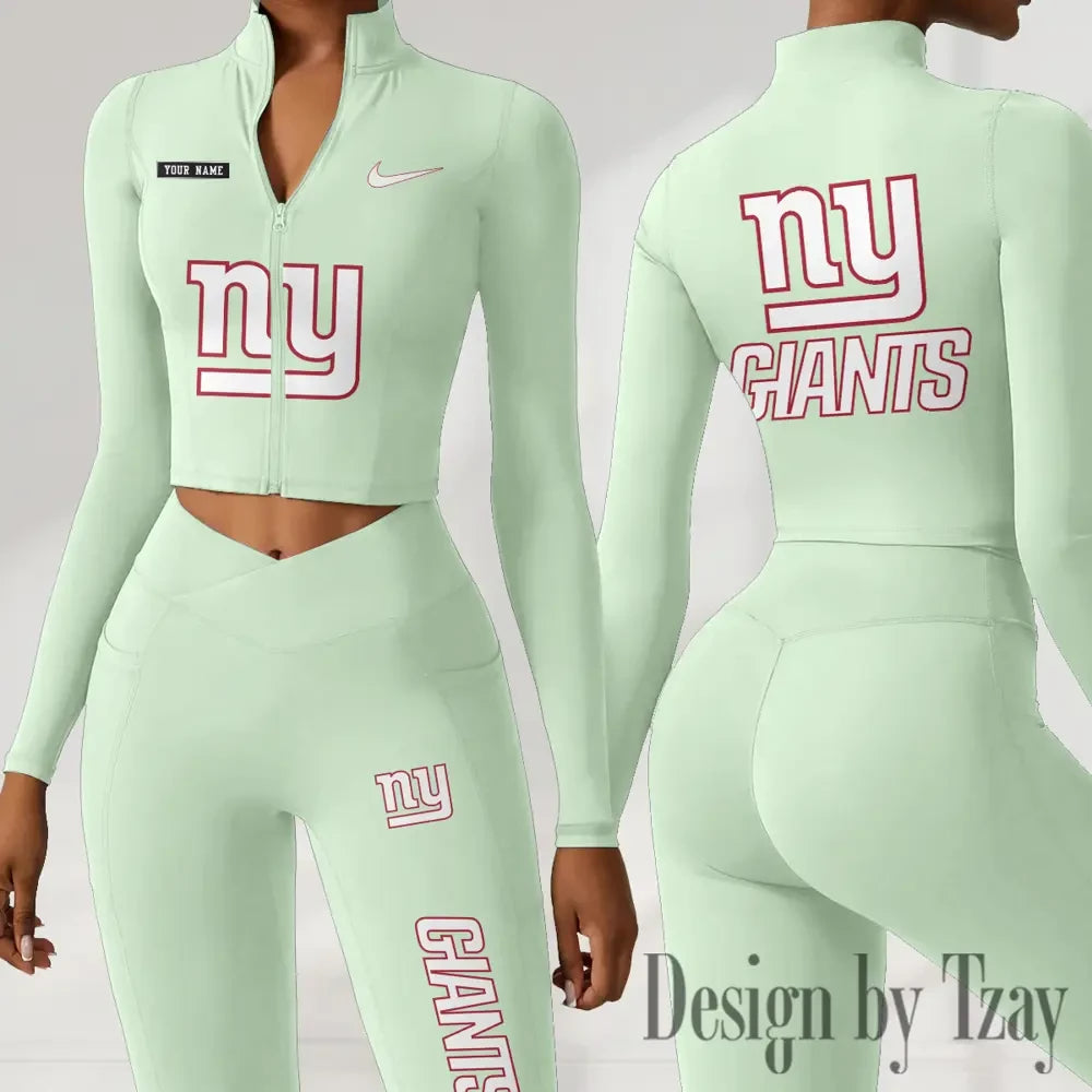 New York Giants Women Activewear Set 2 Piece Crop Jacket and High Waist Leggings SPTZSTW286