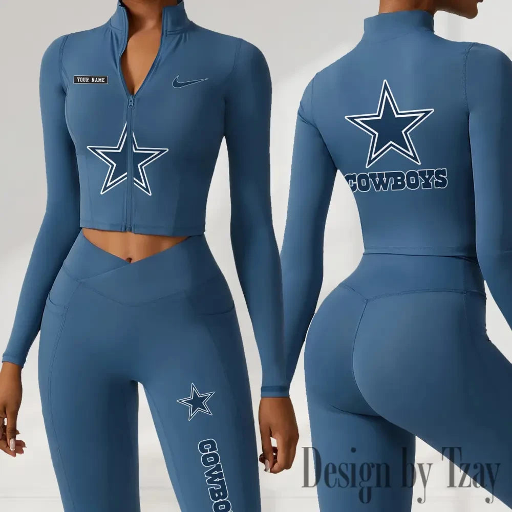 Dallas Cowboys Women Activewear Set 2 Piece Crop Jacket and High Waist Leggings SPTZSTW271