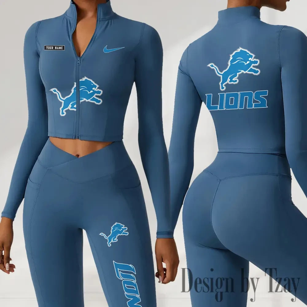 Detroit Lions Women Activewear Set 2 Piece Crop Jacket and High Waist Leggings SPTZSTW273