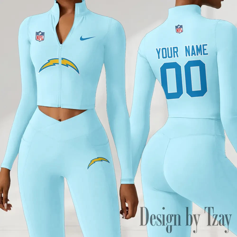 Los Angeles Chargers Women Activewear Set 2 Piece Crop Jacket and High Waist Leggings SPTZSTW216