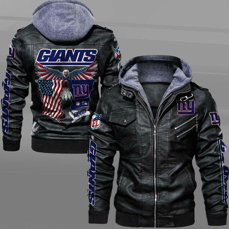 New York Giants HVKC7234 - Premium & Ultra-Thick Leather Jacket with Fleece Hood