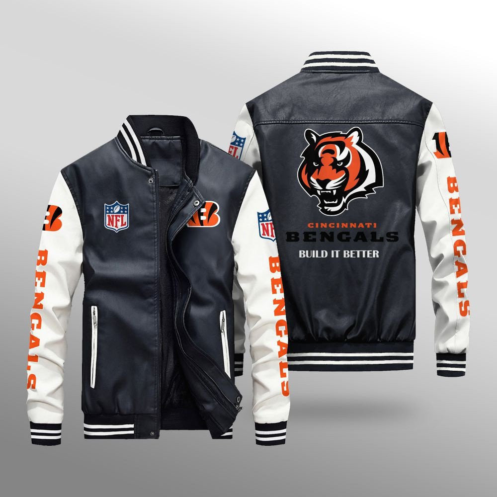 Cincinnati Bengals Premium Fleece-Lined Leather Bomber Jacket BG59