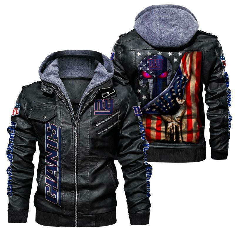 New York Giants HVKC171 - Premium & Ultra-Thick Leather Jacket with Fleece Hood