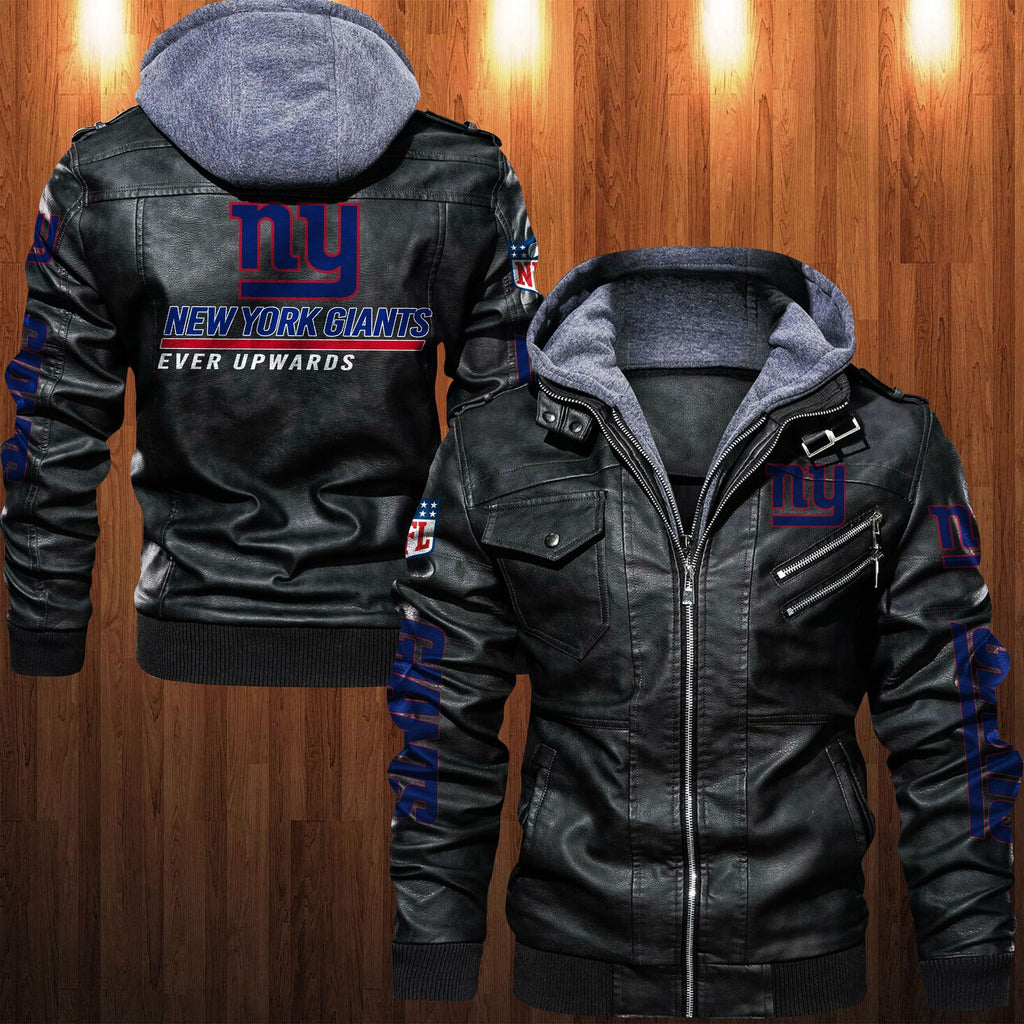 New York Giants HVKC1255 - Premium & Ultra-Thick Leather Jacket with Fleece Hood