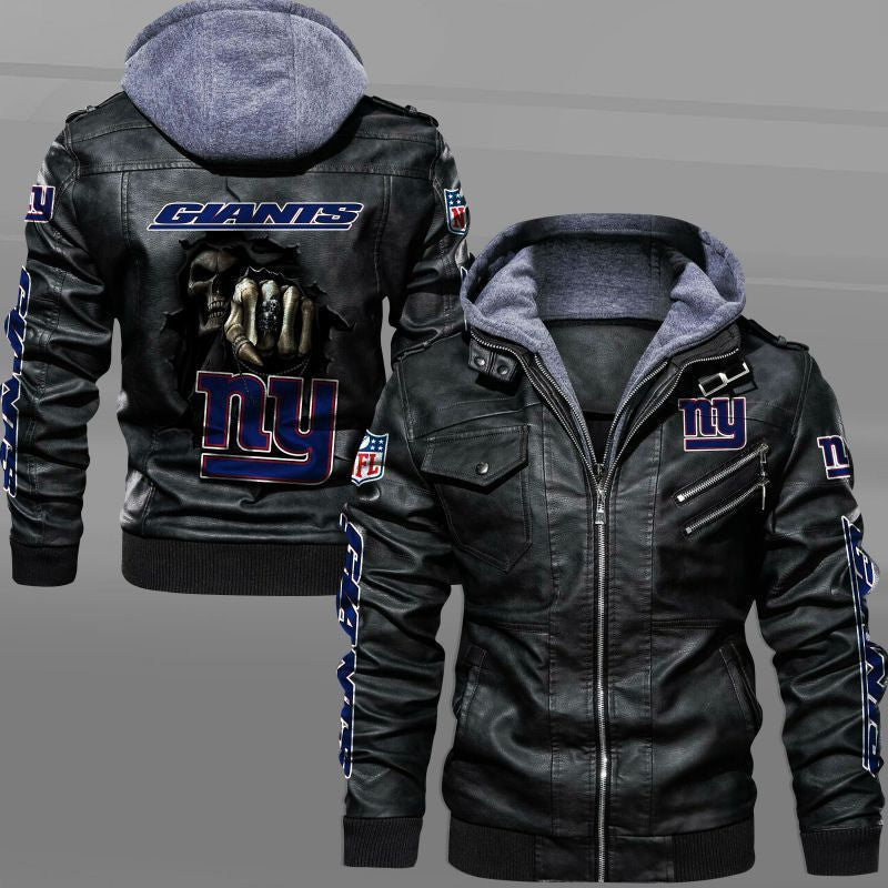 New York Giants HVKC1661 - Premium & Ultra-Thick Leather Jacket with Fleece Hood
