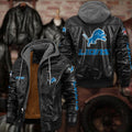 Premium & Ultra-Thick Leather Jacket with Fleece Hood - Detroit Lions PHVKC011