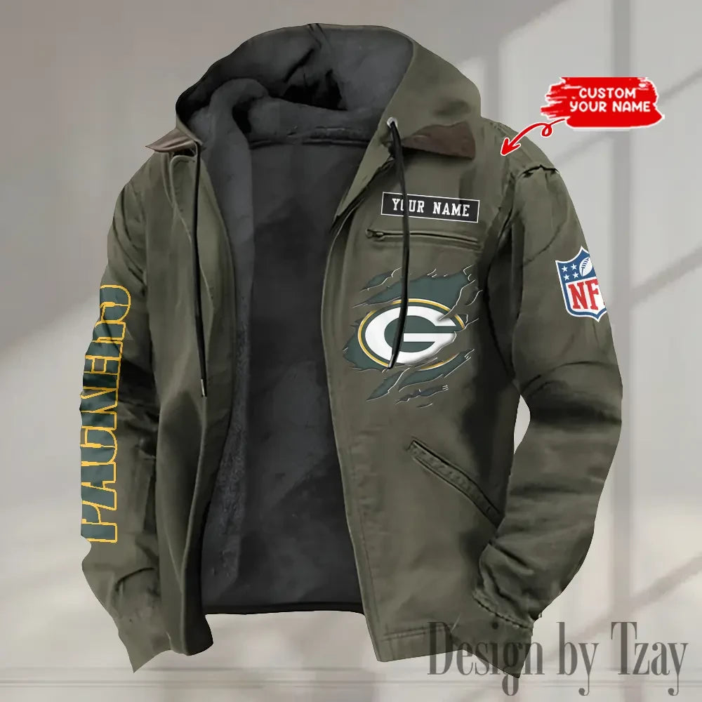 Green Bay Packers Men's Casual Padded Jacket Hooded trending 2026 SPTPJH012