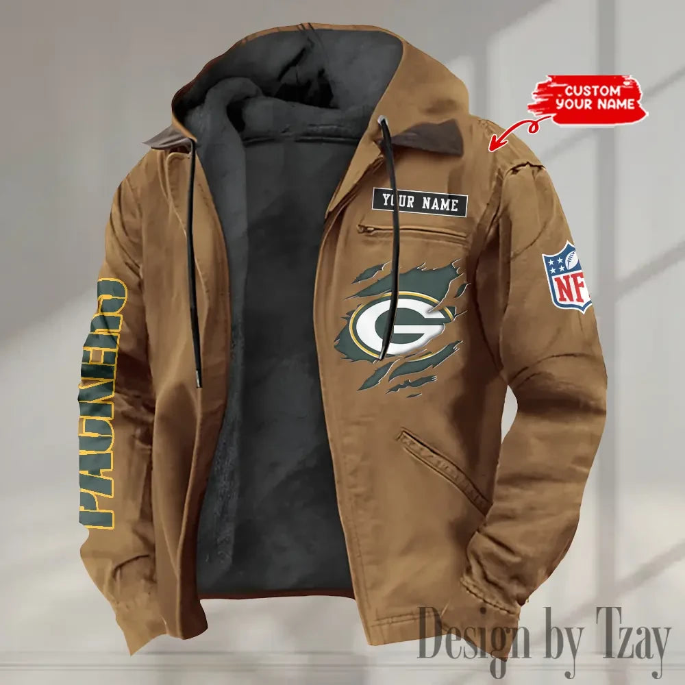 Green Bay Packers Men's Casual Padded Jacket Hooded trending 2026 SPTPJH012