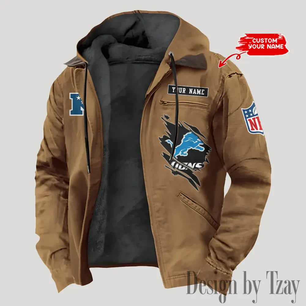 Detroit Lions Men's Casual Padded Jacket Hooded Trending 2026 SPTPJH140