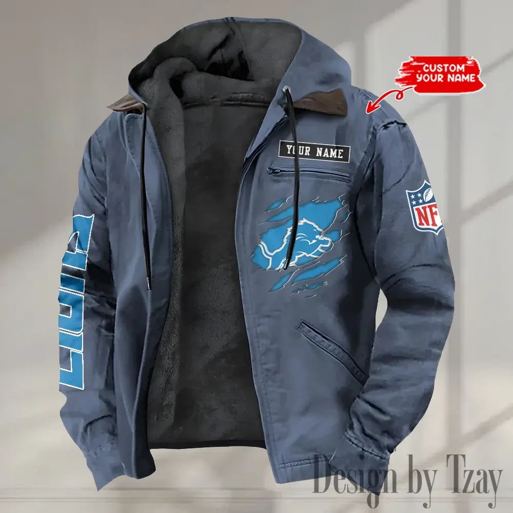 Detroit Lions Men's Casual Padded Jacket Hooded trending 2026 SPTPJH011