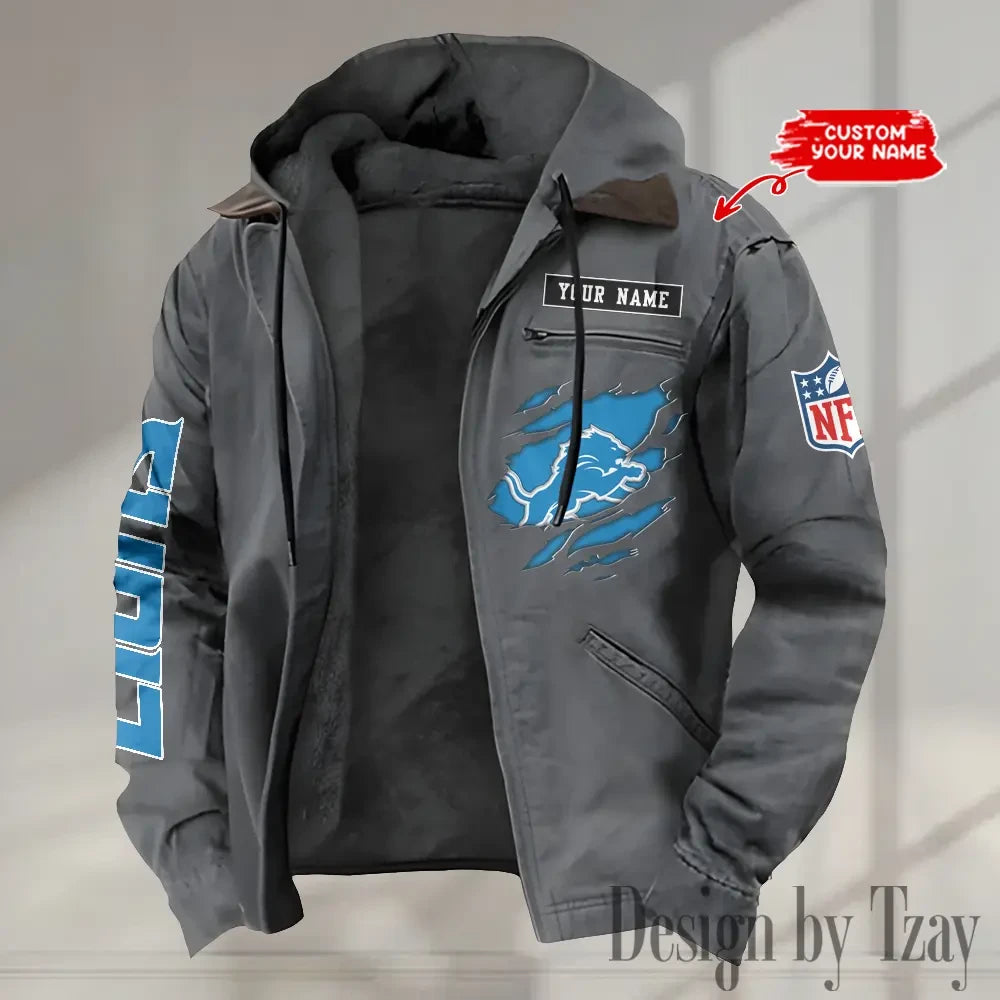 Detroit Lions Men's Casual Padded Jacket Hooded trending 2026 SPTPJH011
