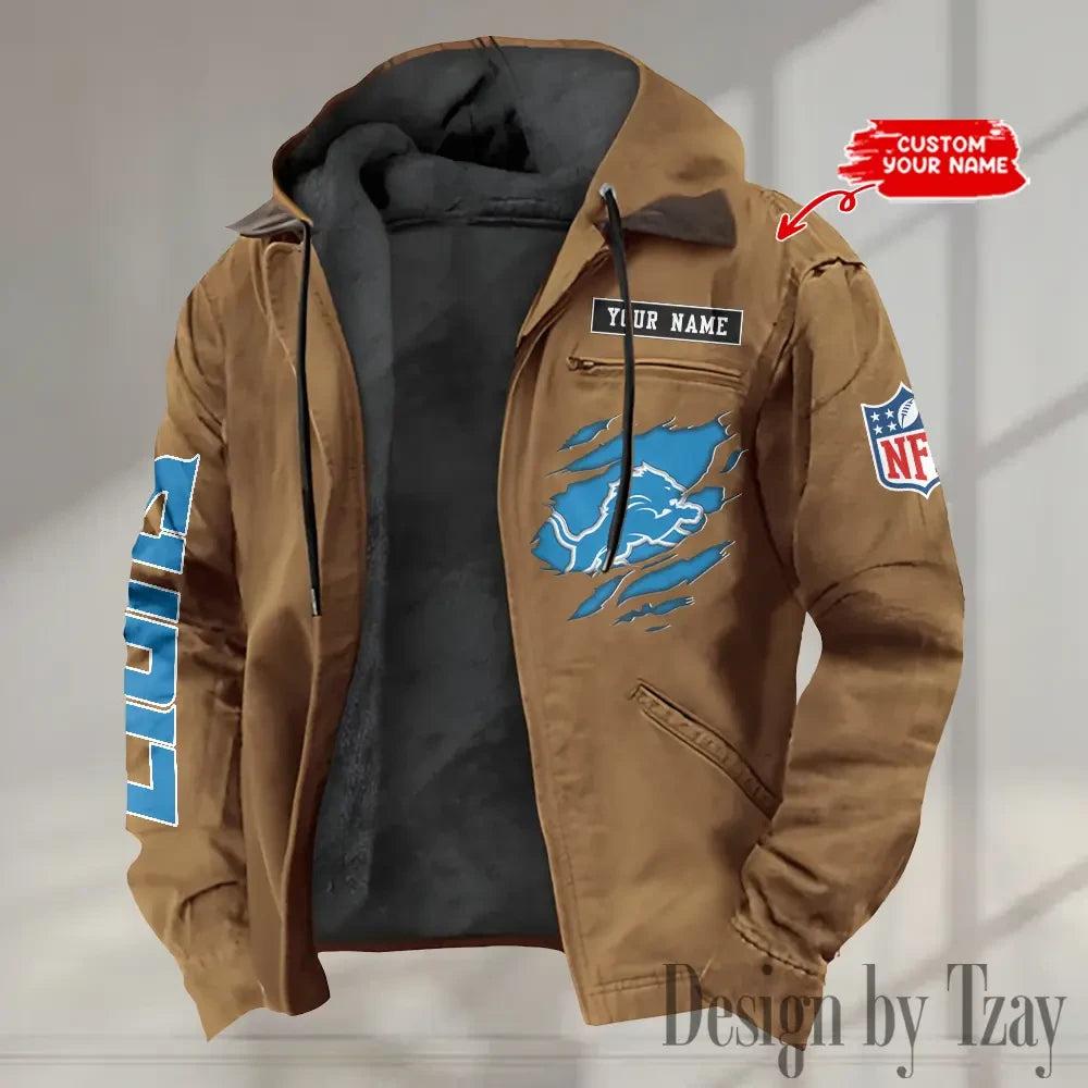 Detroit Lions Men's Casual Padded Jacket Hooded trending 2026 SPTPJH011